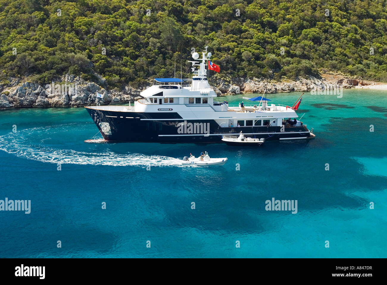 Luxus-Motoryacht Caressa K in der Bucht von Gökova, Türkei. Stockfoto