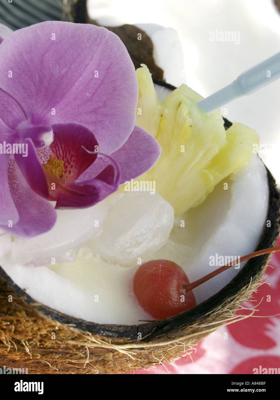 Pina Colada in einer Kokosnussschale Stockfoto