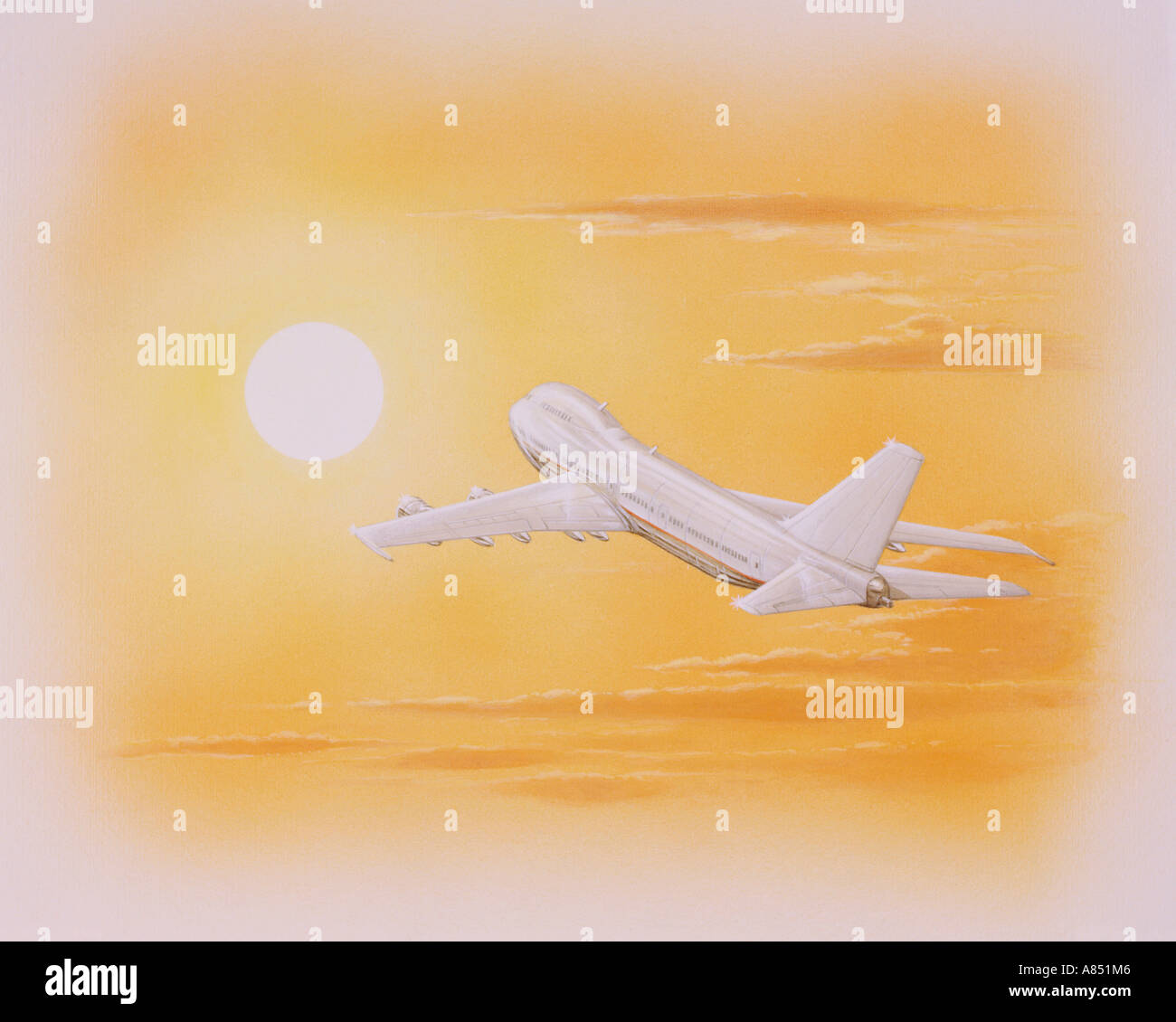 Malerei der Jumbo Jet Verkehrsflugzeuge fliegen der Sonne entgegen. Stockfoto