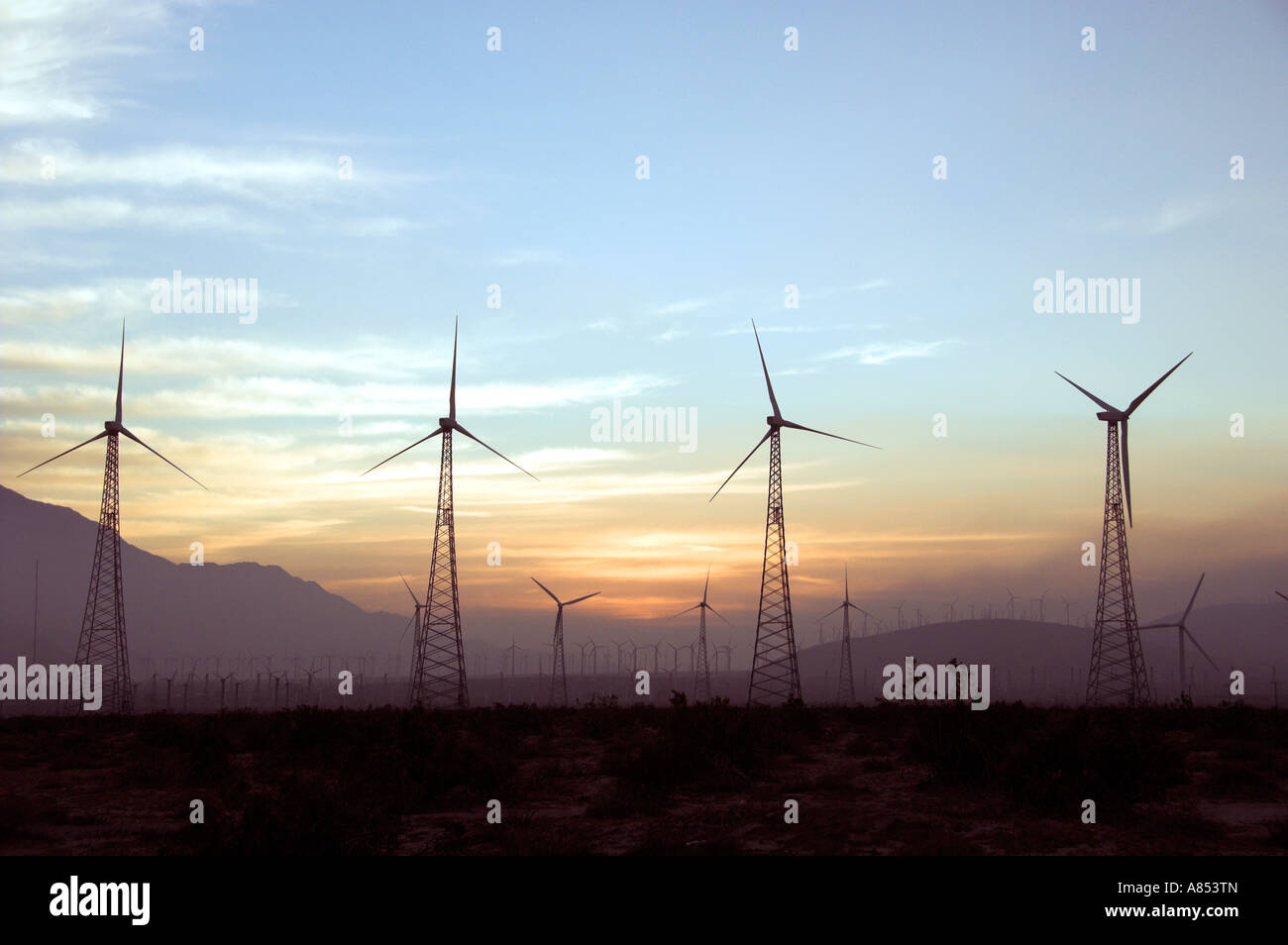 Windräder im Windpark in San Gorgonio Pass in der Nähe von Palm Springs Kalifornien USA Stockfoto