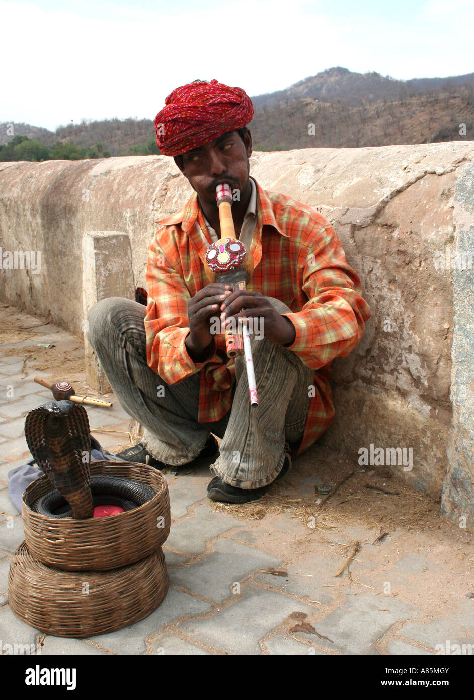 Ein traditionelles Schlangenbeschwörer hypnotisiert eine Klapperschlange durch das Spielen ein Instrument namens Pungi in Amer in der Nähe von Jaipur, Rajasthan, Indien. Stockfoto