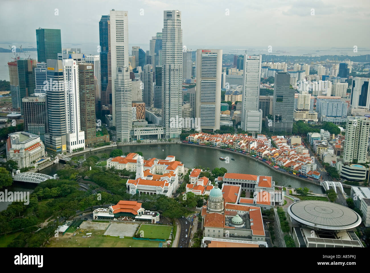 Luftaufnahme von der Boat Quay und Geschäftsviertel, Singapur. Stockfoto