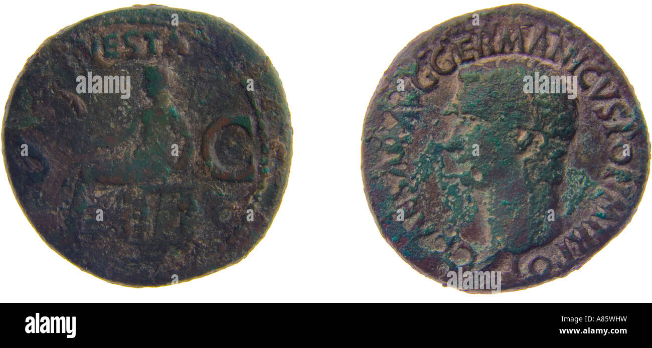 Caligula Kaiser römische Münze Rom Reich Geld alte alte Bronze Göttin Vesta des Herdes Stockfoto