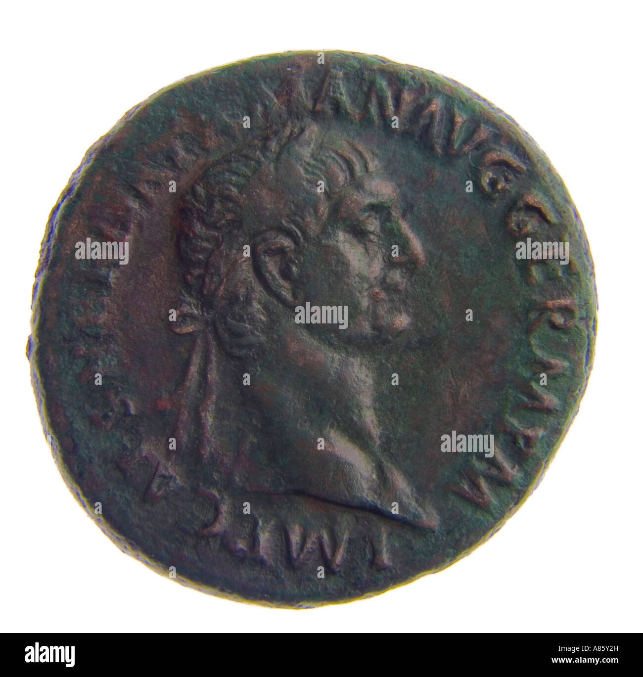 Trajan Kaiser römische Münze Rom Reich Geld alte alte Bronze Göttin Stockfoto