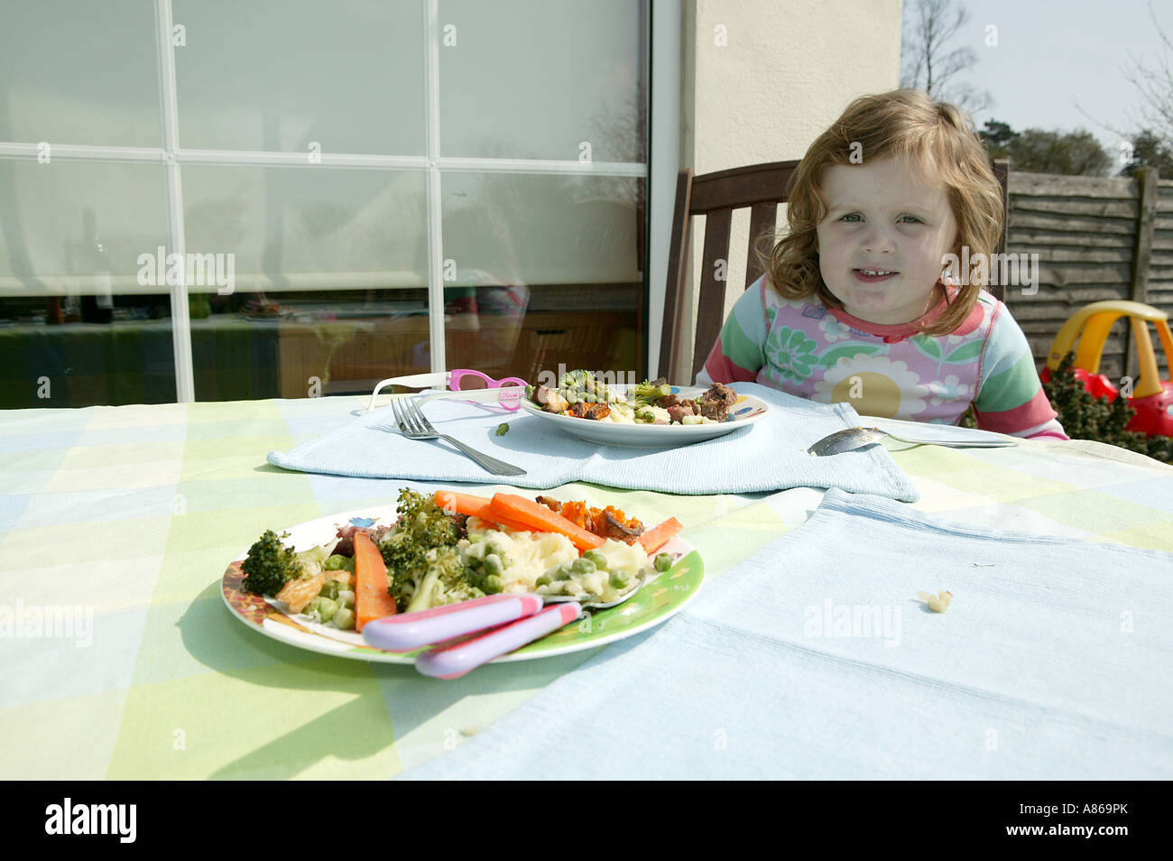 Al Fresco Familie Sonntag Mittagessen mit Kind Stockfoto