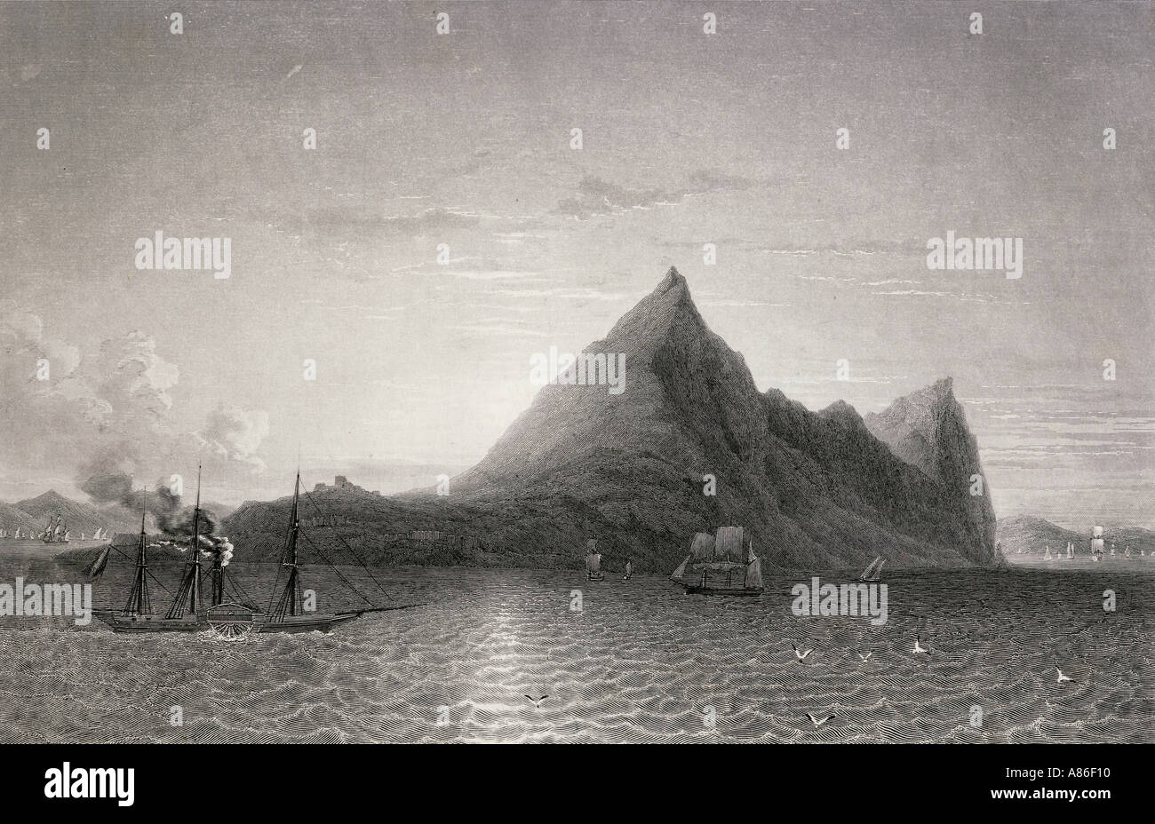 Gibraltar mit Dampfschiff und Segelschiff, 19. Jahrhundert. Stockfoto