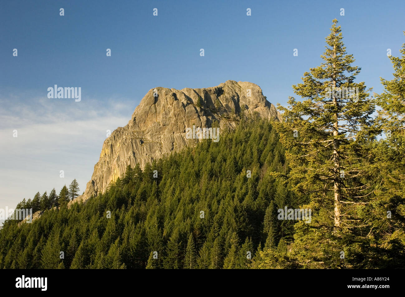 Pilot Rock steigt 5908 Füße alte vulkanische Stecker über Koniferen Wald, Cascade-Siskiyou National Monument, Southern Oregon Stockfoto