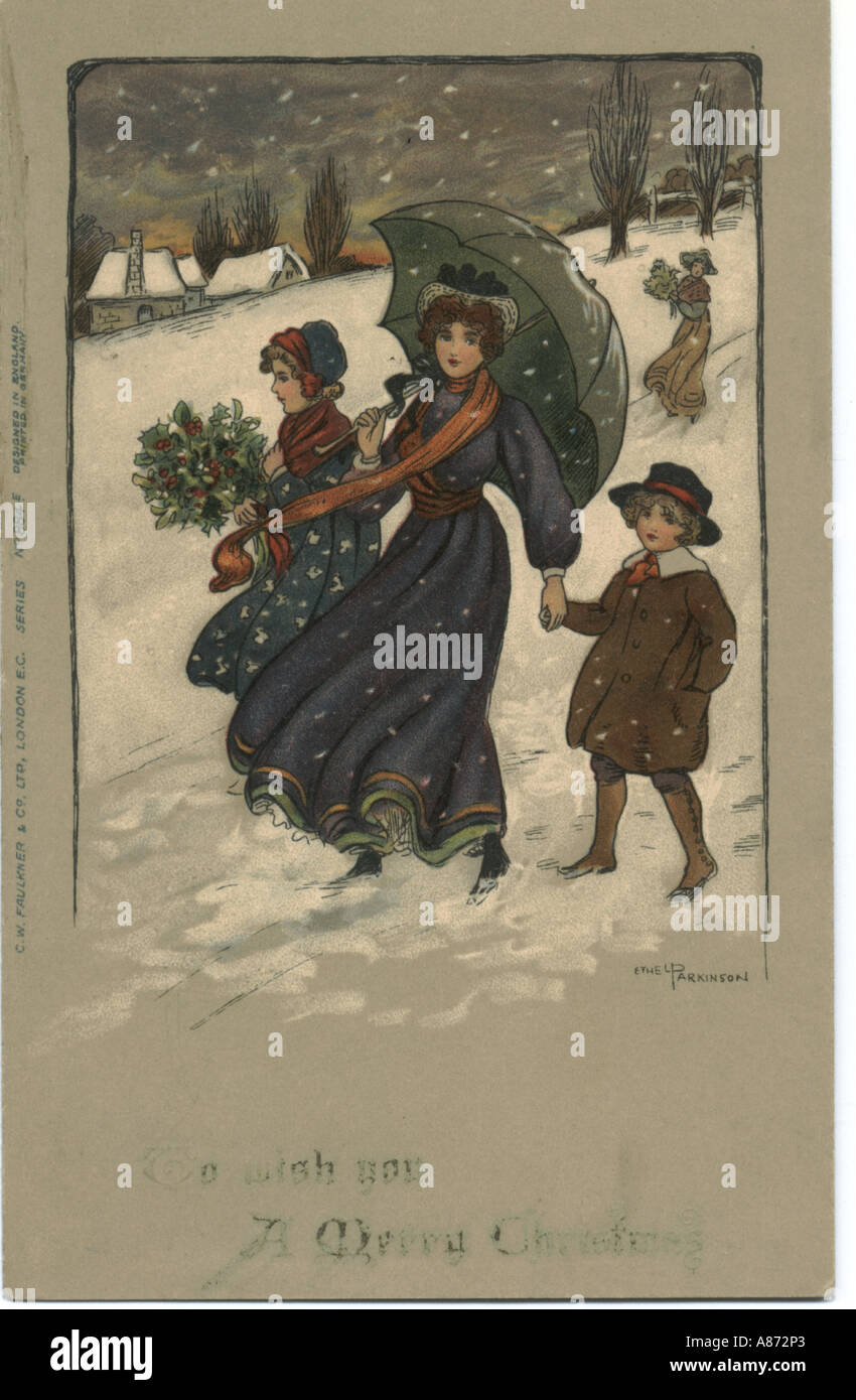 Weihnachten Gruß Postkarte circa 1905 von Ethel Parkinson Stockfoto