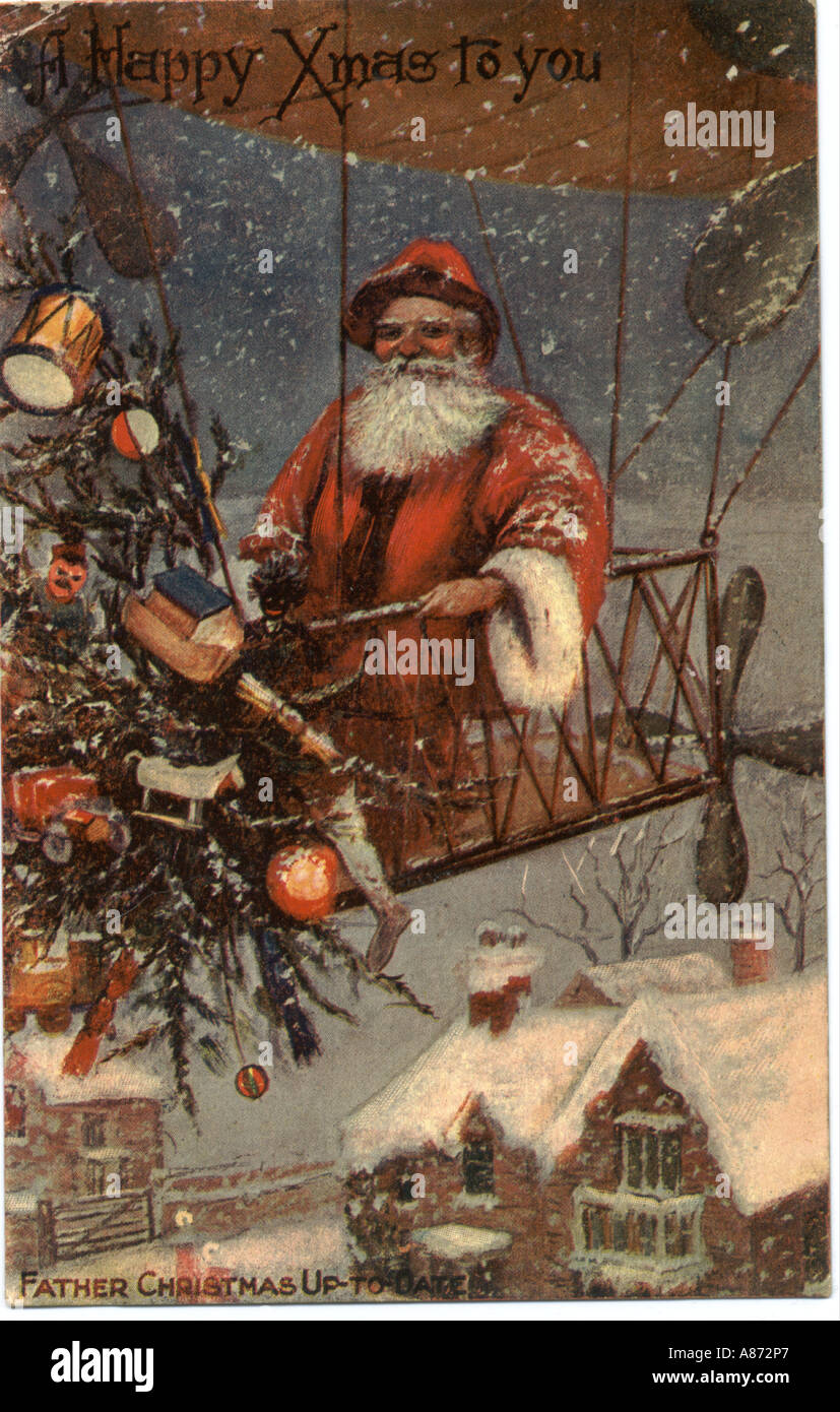 Weihnachten-Gruß-Postkarte um 1910 mit dem Titel Weihnachtsmann auf dem neuesten Stand Stockfoto