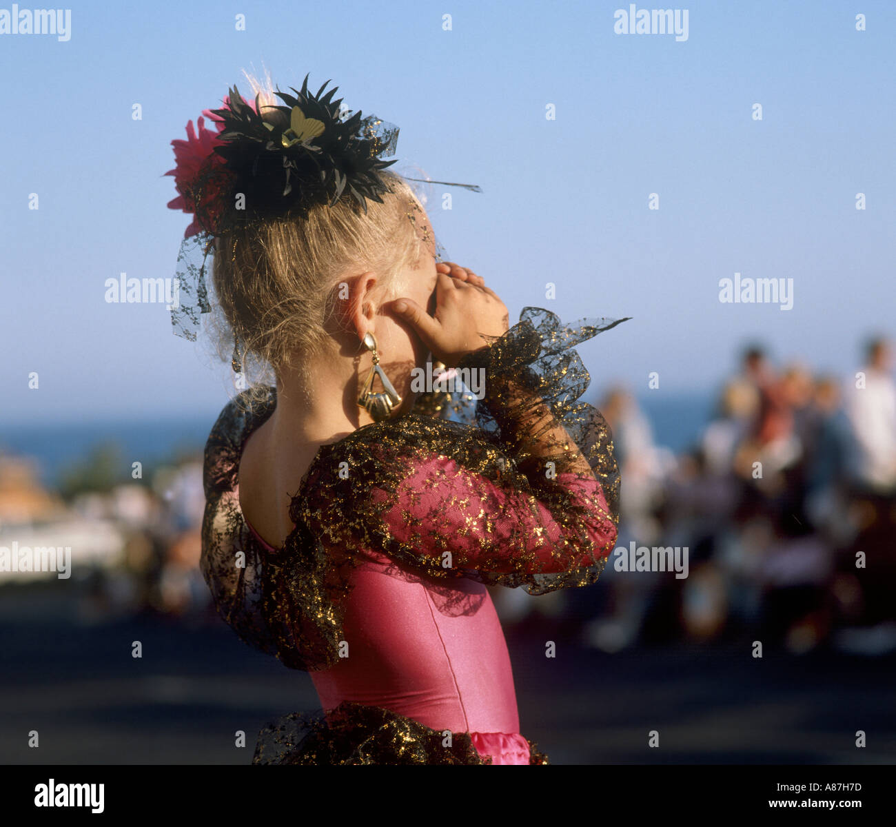 Kleines Mädchen gekleidet für Karneval, Puerto del Carmen, Lanzarote, Kanarische Inseln, Spanien Stockfoto