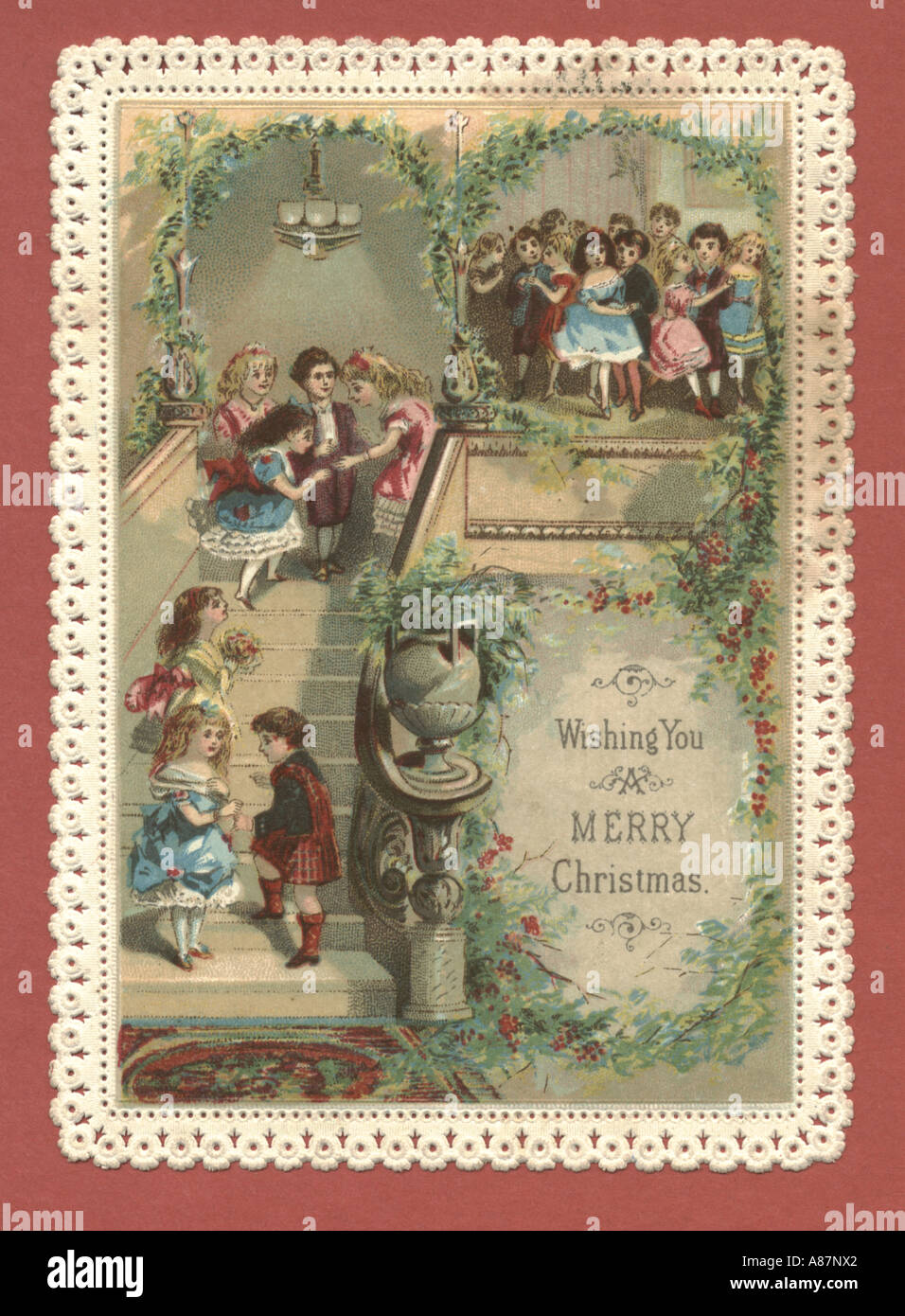 Weihnachtsgrußkarte von einer Kinder Party um 1880 Stockfoto