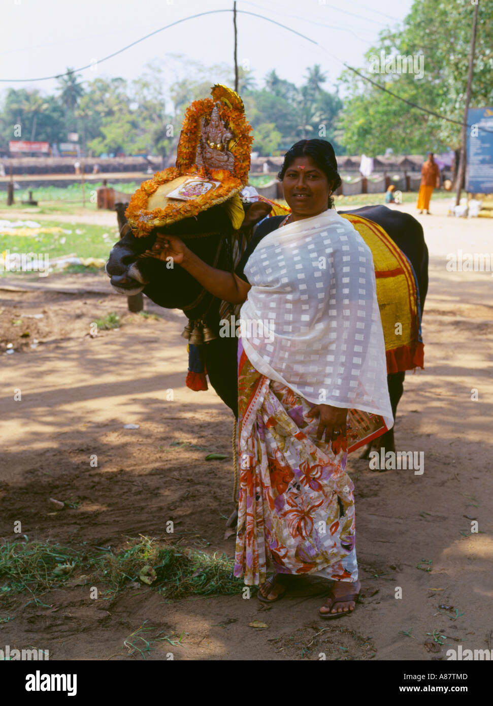 Kerala Indien Frau mit Heiligen Kuh an Shiva-Tempel Stockfoto