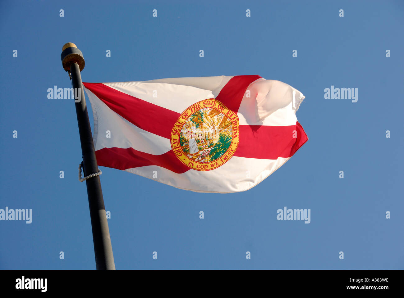 US-Bundesstaat Florida Flagge mit Dichtung, dass Staaten große Siegel des Staates Florida und In God We Trust Stockfoto