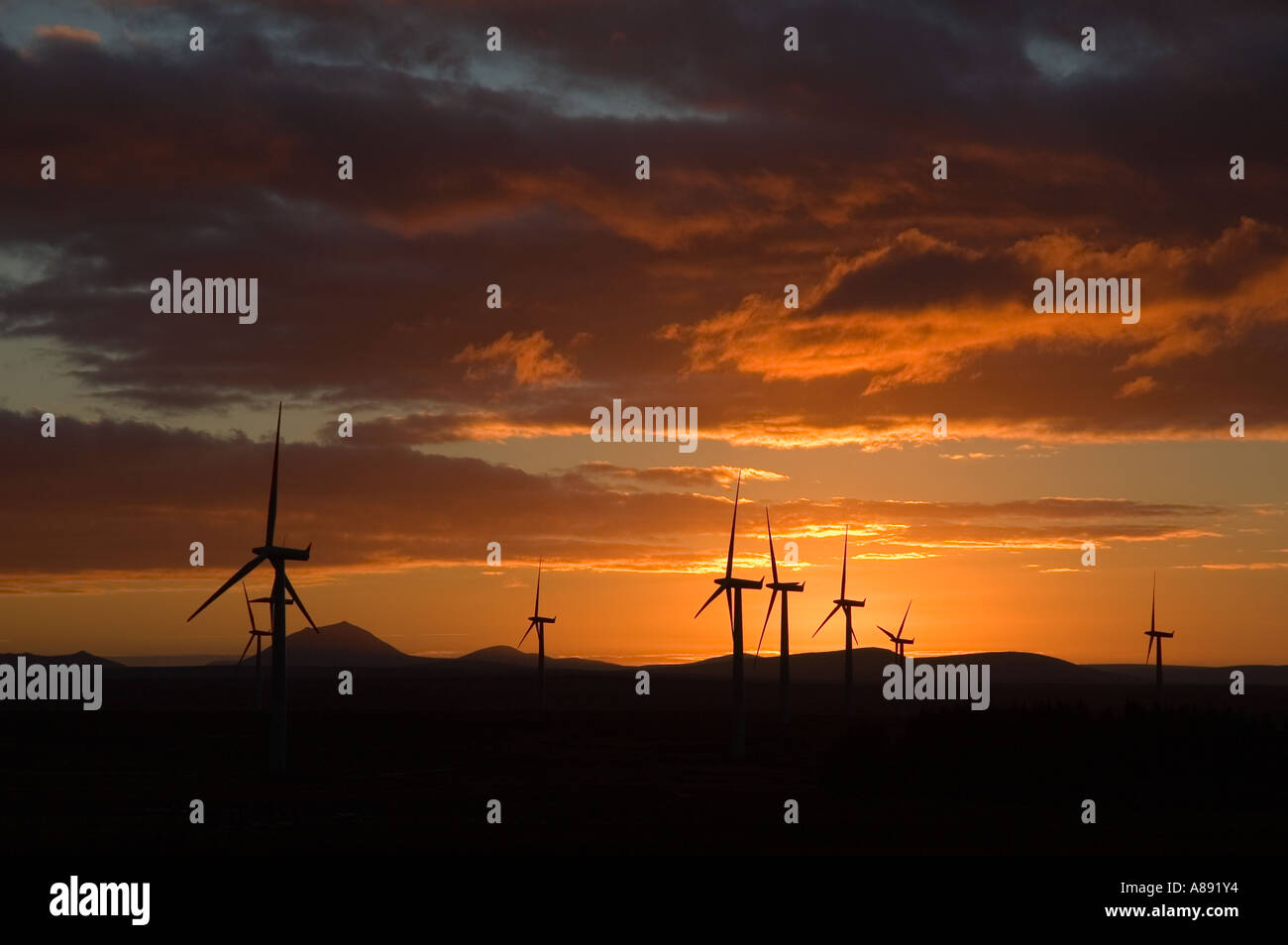 Causeymire-Windpark bei Sonnenuntergang, Caithness, Schottland, UK Stockfoto