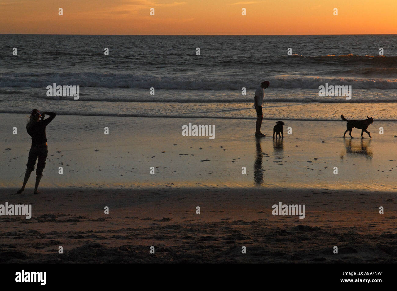 Menschen, die genießen Sonnenuntergang direkt am Meer Stockfoto