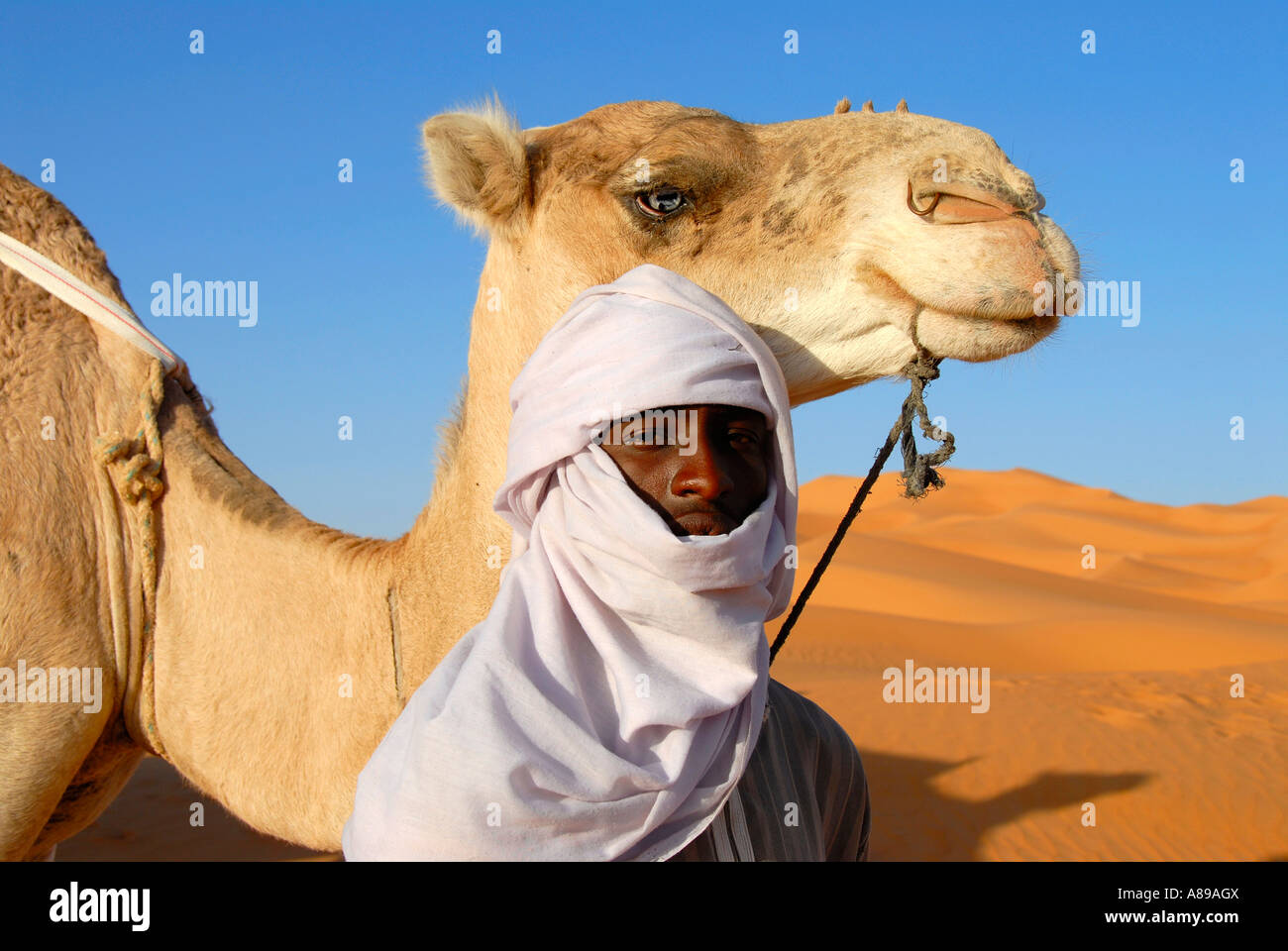 Tuareg mit Kamel in Sanddünen Mandara Libyen Stockfoto
