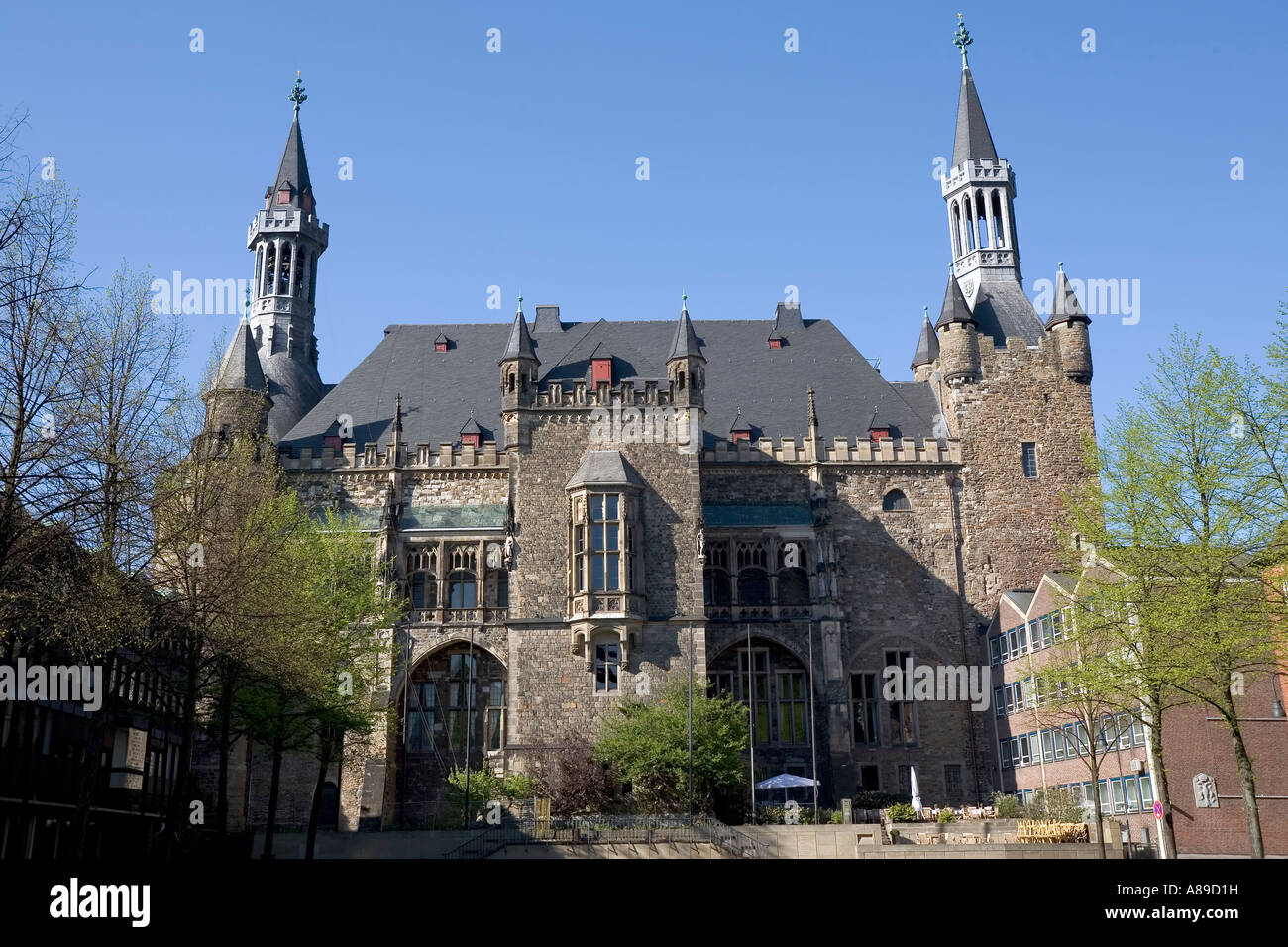 Historistischen Rathaus Aachen, Blick vom Katschhof, NRW, Deutschland Stockfoto