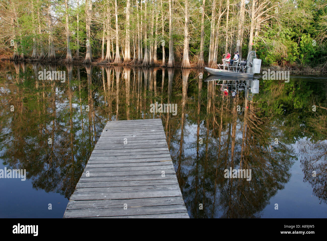 Lake Wales Florida, Kissimmee River Water Camp Mack River Water Resort, Airboat, Zypressen, Dock, Pier, Reflexion, Besucher reisen Reisen Tour touris Stockfoto