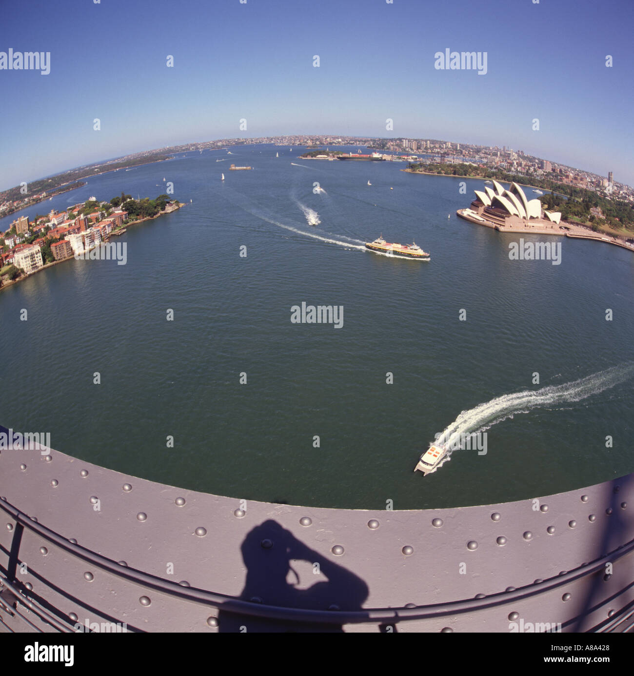 Blick über Sydney Hafen Port Jackson mit Fort Denison Insel von oben der eisernen Träger Rahmen von der Harbour Bridge-Australien Stockfoto