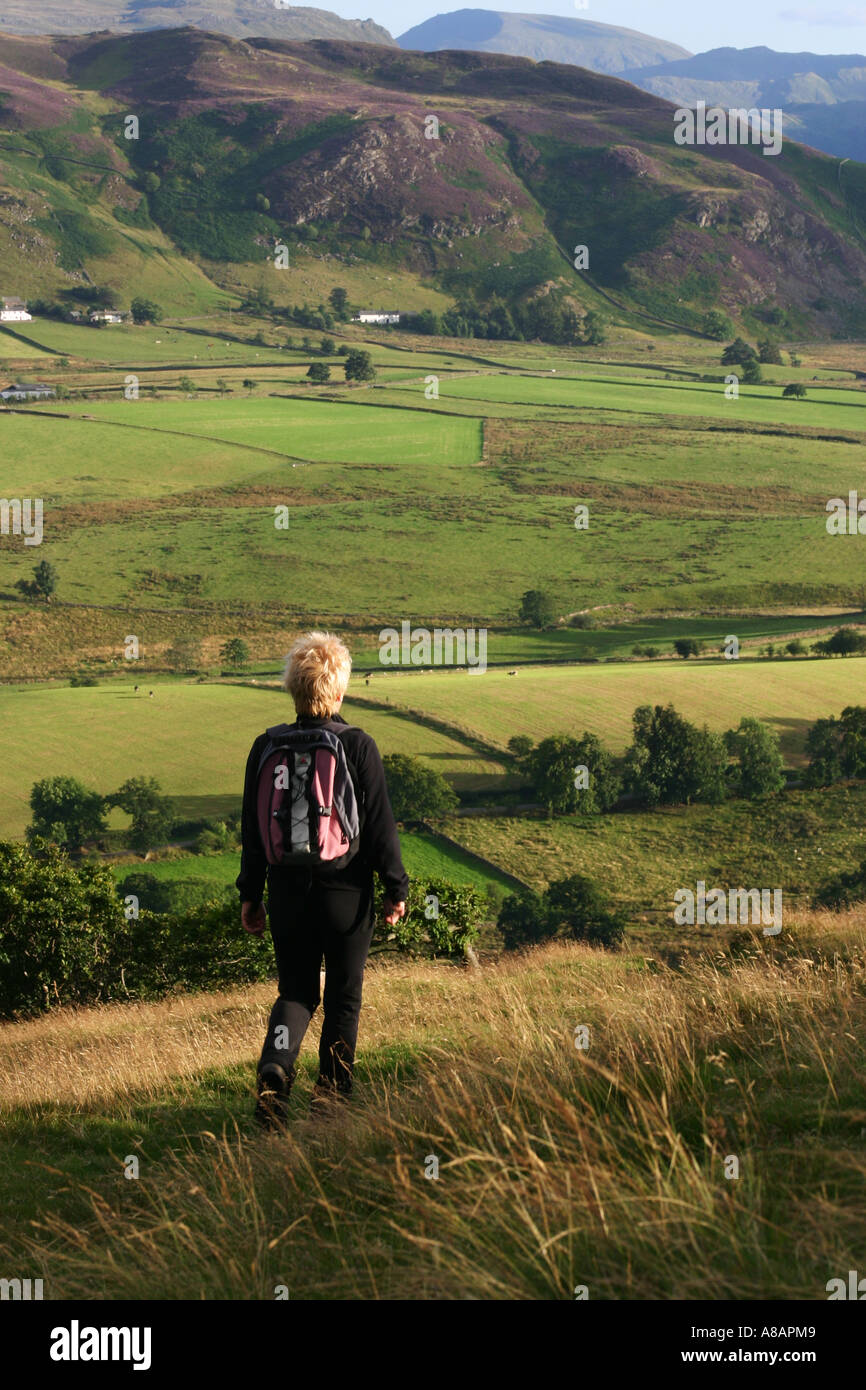 Eine Frau Hillwalker absteigend große Mell lag oberhalb Matterdale häufig in Patterdale, Nationalpark Lake District, Cumbria Stockfoto