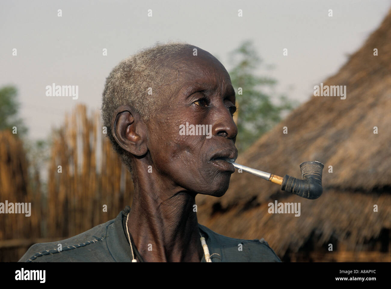 Frau mit traditionellen Gesichts Narbenbildung, raucht eine Pfeife, Gambella, Äthiopien Stockfoto