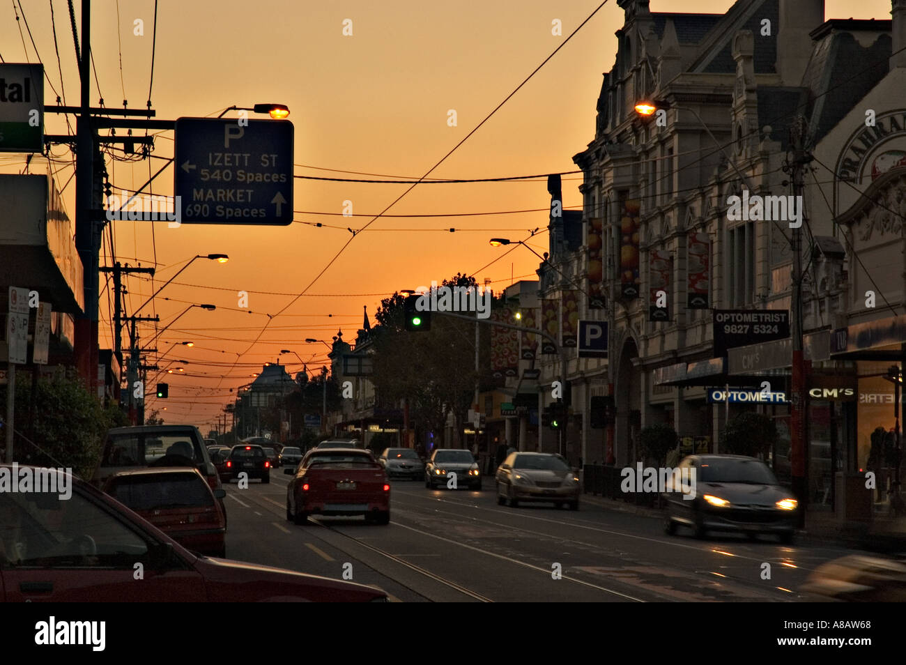 Prahran Bezirk in Melbourne Stadt bei Sonnenuntergang Stockfoto