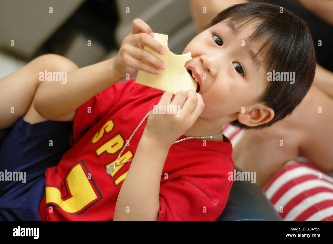 5 Jahre alten chinesischen Asian Boy trägt ein rotes t-shirt Stockfoto