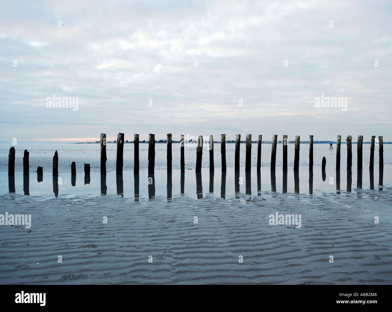 Seascape Schuss der hölzerne Ständer spiegelt sich im Wasser bei Ebbe an der britischen Küste Stockfoto