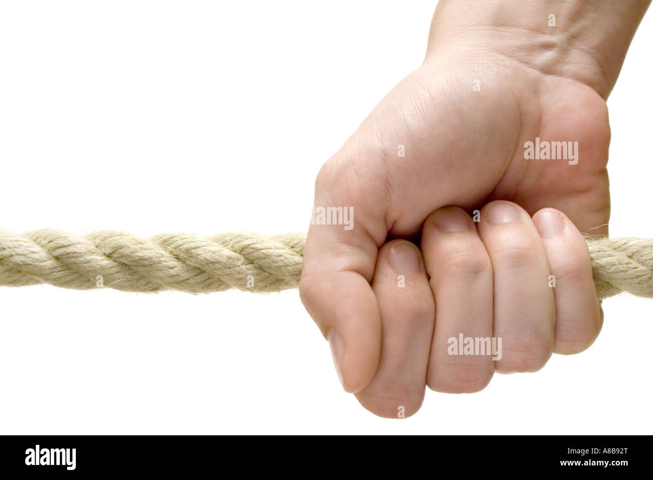 Weibliche Finger halten ein Seil isoliert auf weißem Hintergrund Stockfoto