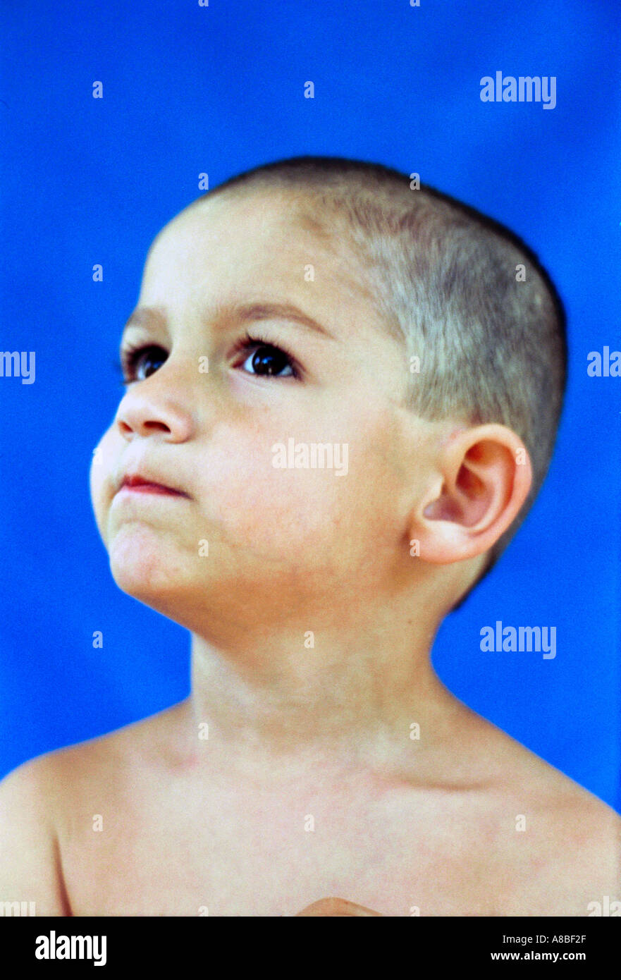 Porträt von Babyboy mit rasiertem Kopf Stockfoto