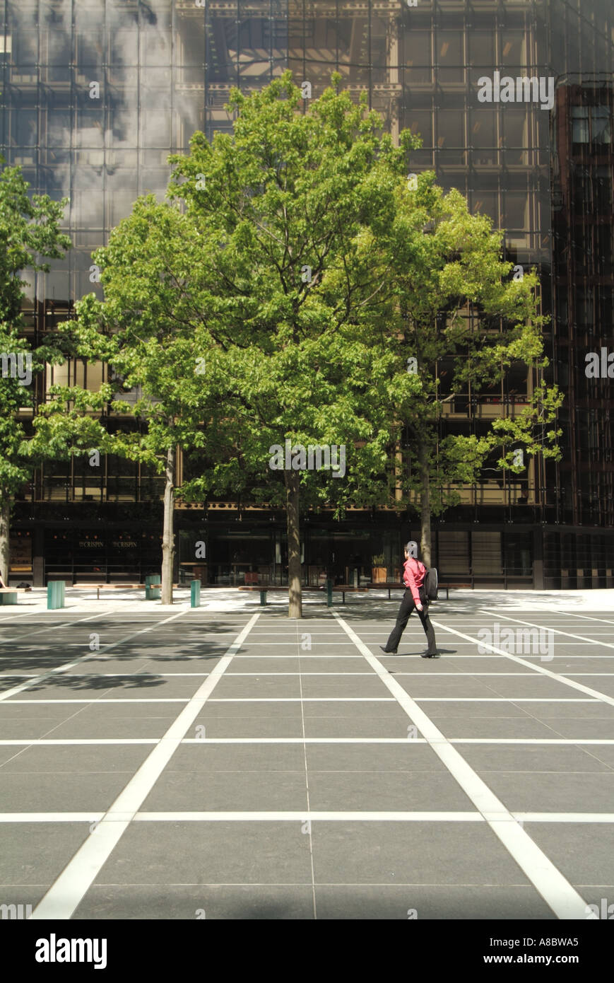 Broadgate Bürofläche in City of London zeigt gepflasterte Fläche mit Bäumen im Landschaftsbau Stockfoto