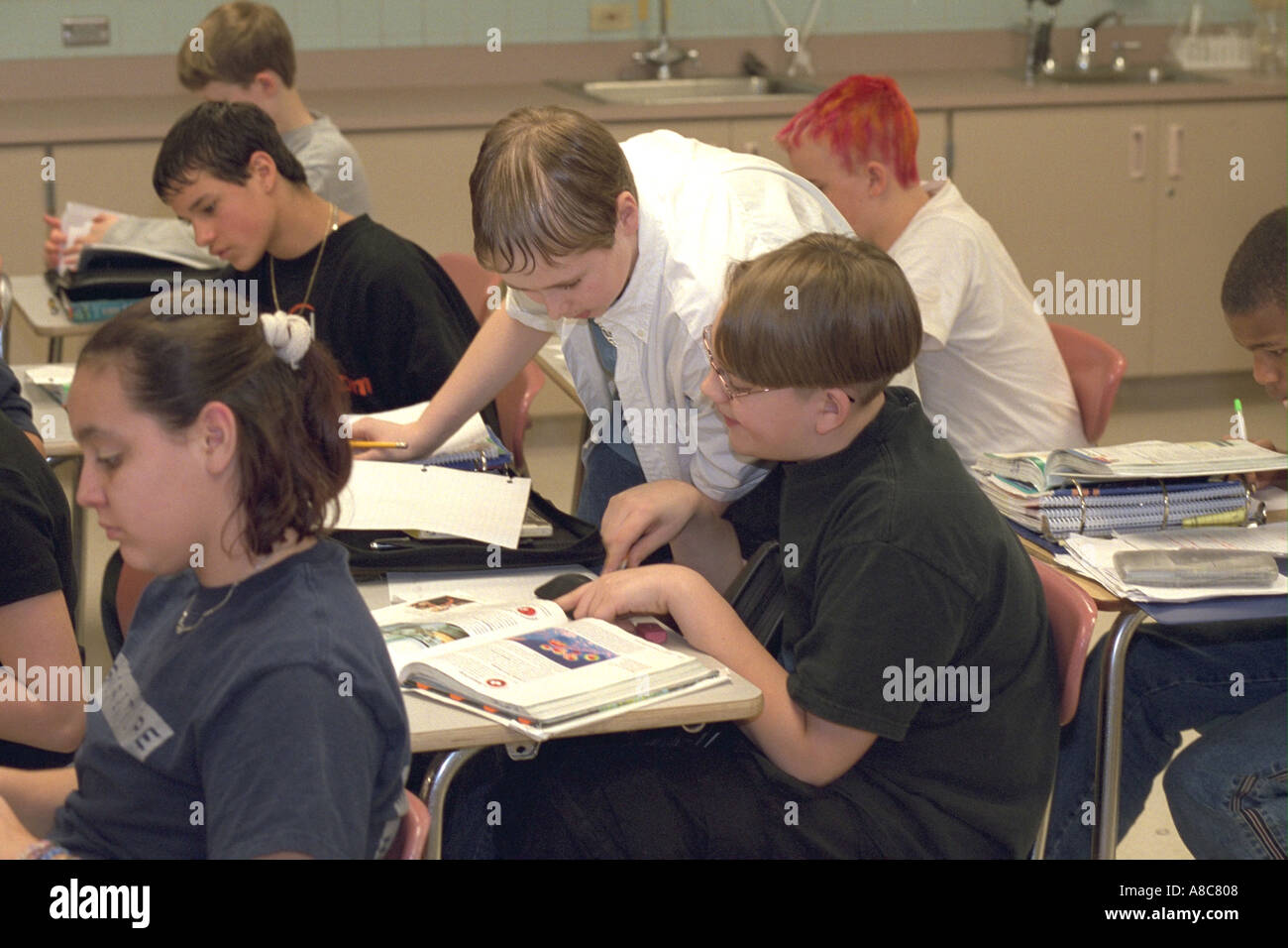 Zwei Studenten arbeiten an Schule Klassenzimmer Zuordnung Alter von 14 Jahren. Golden Valley, Minnesota USA Stockfoto