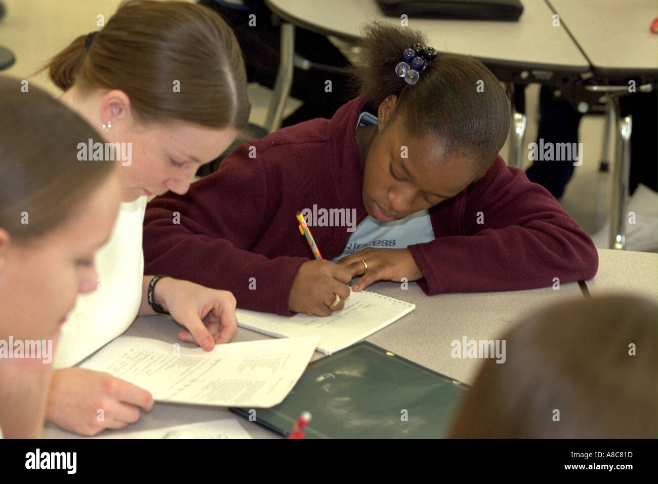 Mädchen Alter 14 Hausaufgaben in der Schule studieren Hall. Golden Valley, Minnesota USA Stockfoto