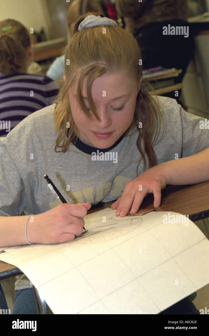 Schüler Alter 14 Zeichnung im Klassenzimmer Kunst. Golden Valley, Minnesota USA Stockfoto
