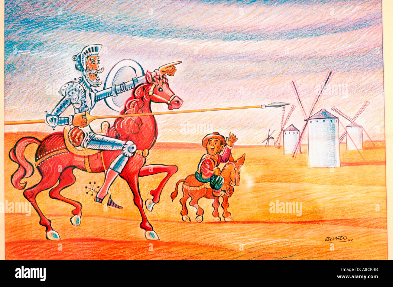 Gemälde von Don Quijote und Sancho Panza Europamuseum Grafik Humor El Toboso La Mancha Spanien Stockfoto