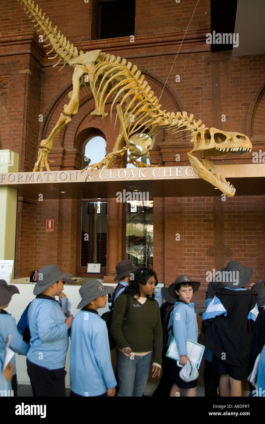 Dinosaurier-Skelett über dem Eingang zum South Australian Museum in Adelaide 2007 Stockfoto