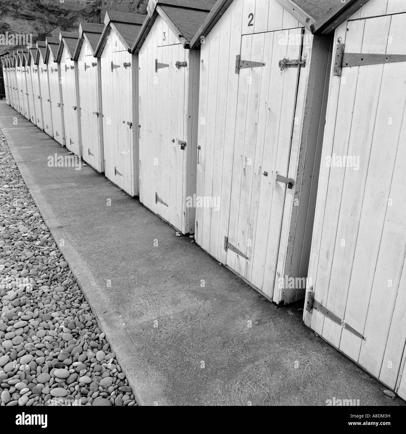 Strand Hütten, Budleigh Salterton, Devon, England, UK Stockfoto