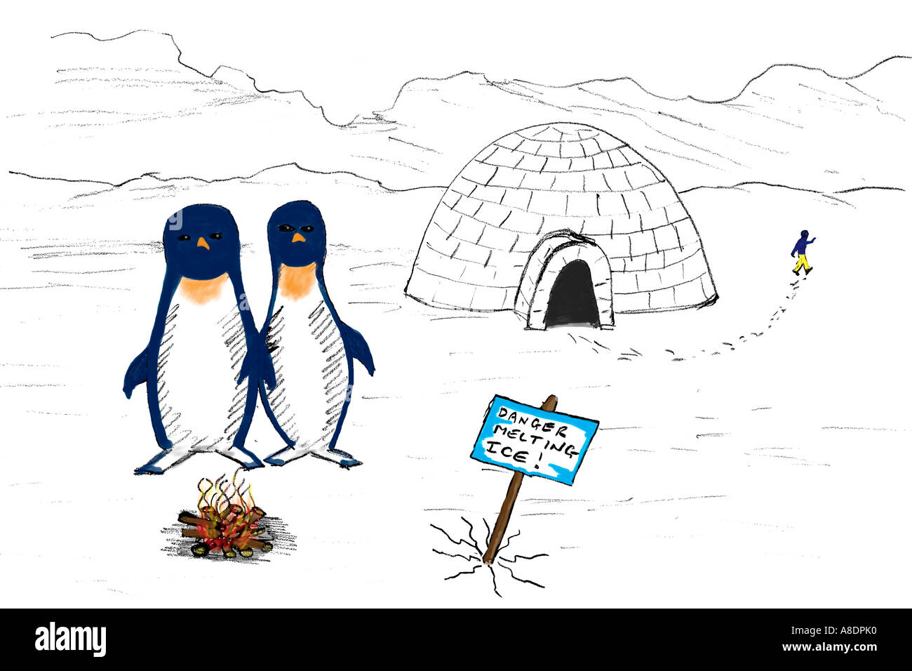 Pinguin Schmelzen Eis Skizze Stockfotografie Alamy