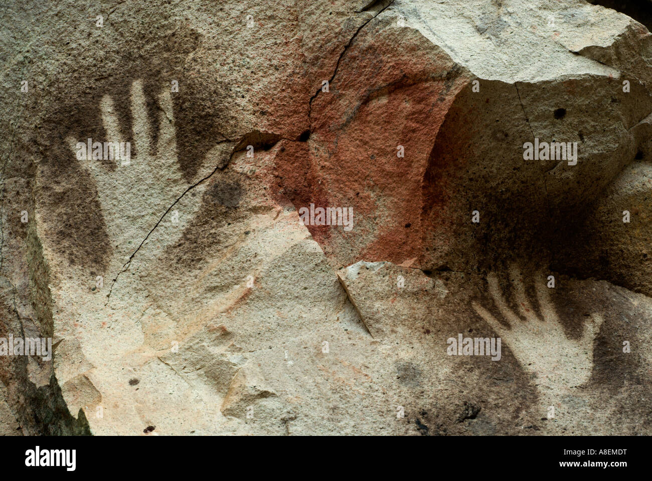 Alte Hände Stencil Gemälde, Rio Pinturas Schlucht, Höhle der Hände, Patagonien, Provinz Santa Cruz, Argentinien Stockfoto
