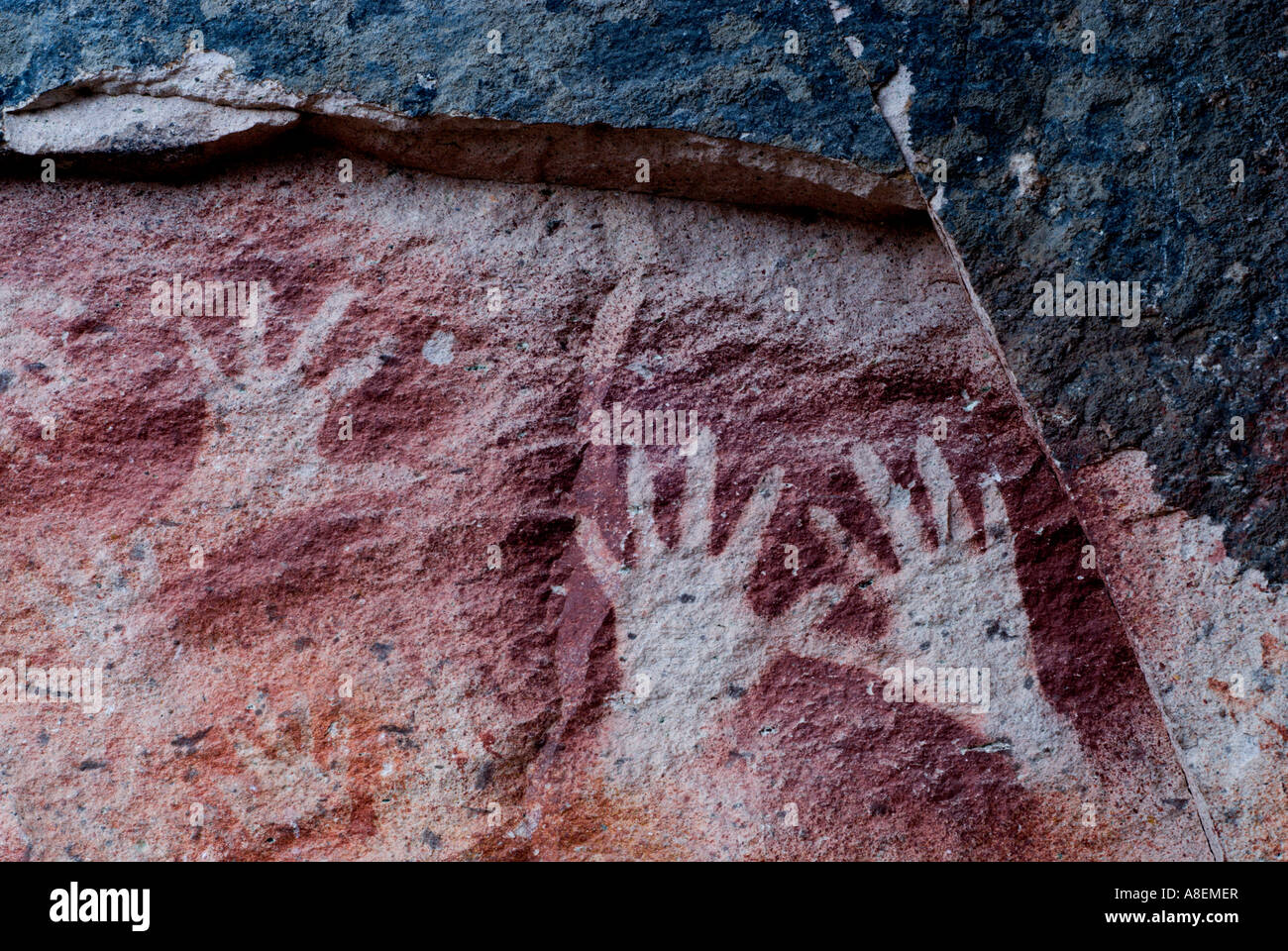 Alte Hände Stencil Gemälde, Rio Pinturas Schlucht, Höhle der Hände, Patagonien, Provinz Santa Cruz, Argentinien Stockfoto