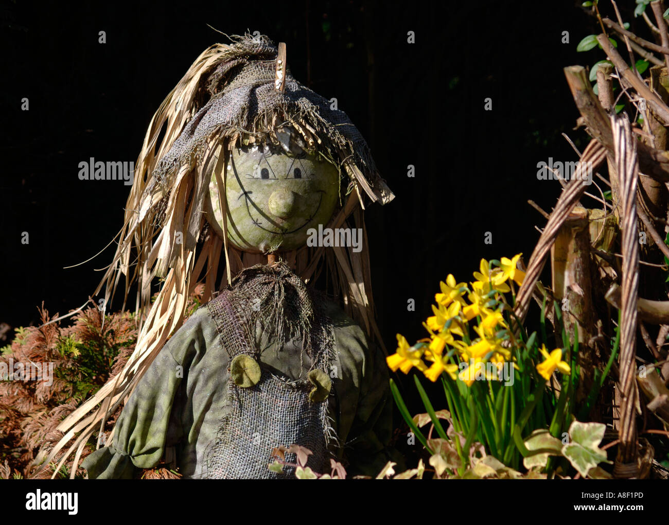 Vogelscheuche in einem Garten, mit Blumen und Pflanzen gepflanzt. Die  vogelscheuche ist entworfen, um wie ein Mensch aussehen, und wird  verwendet, um Vgel, die erschrecken Stockfotografie - Alamy