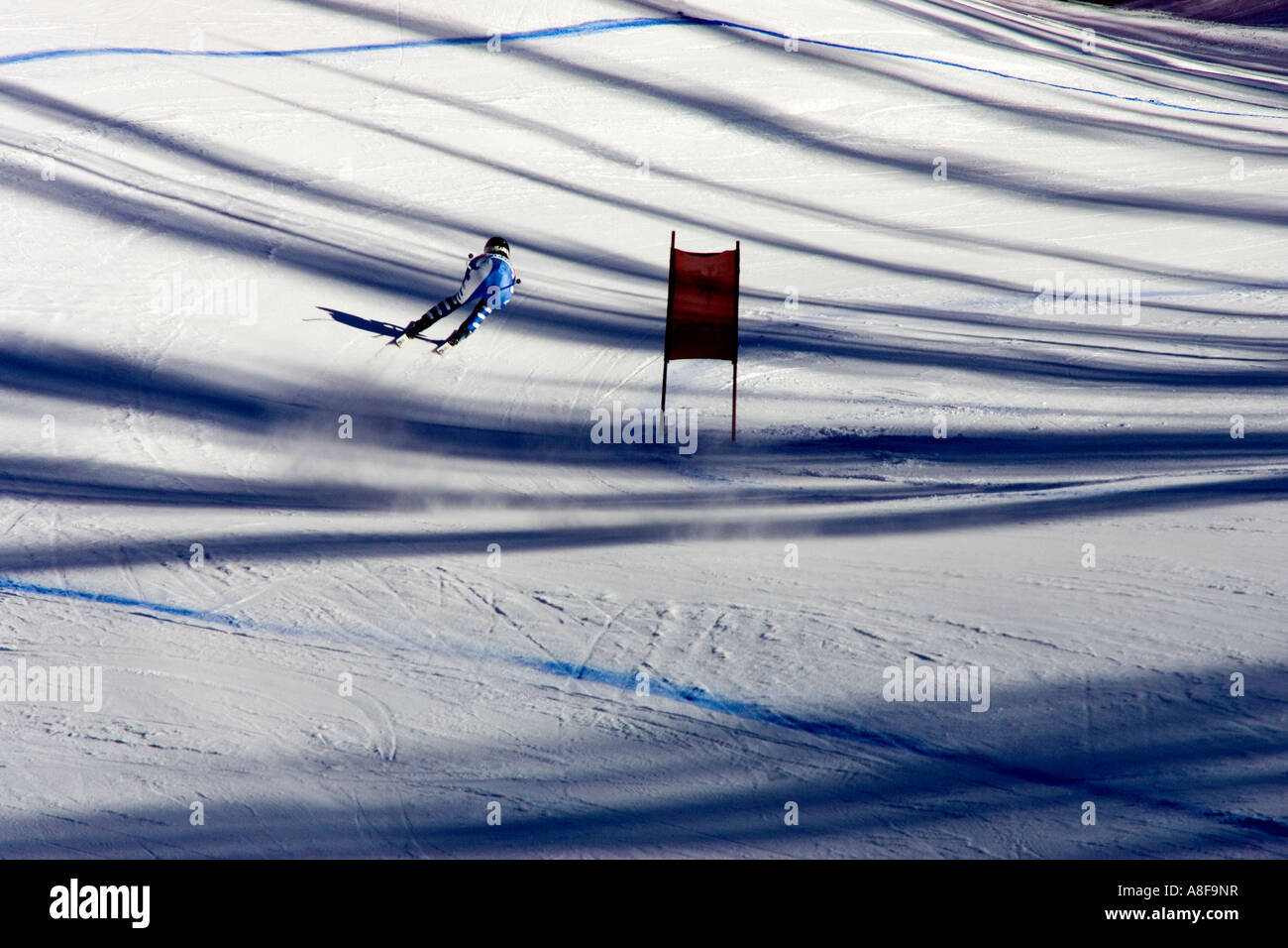 Ein World Cup downhill Ski Racer auf 'OK'-Kurs in Val d ' Isere in den französischen Alpen. Stockfoto