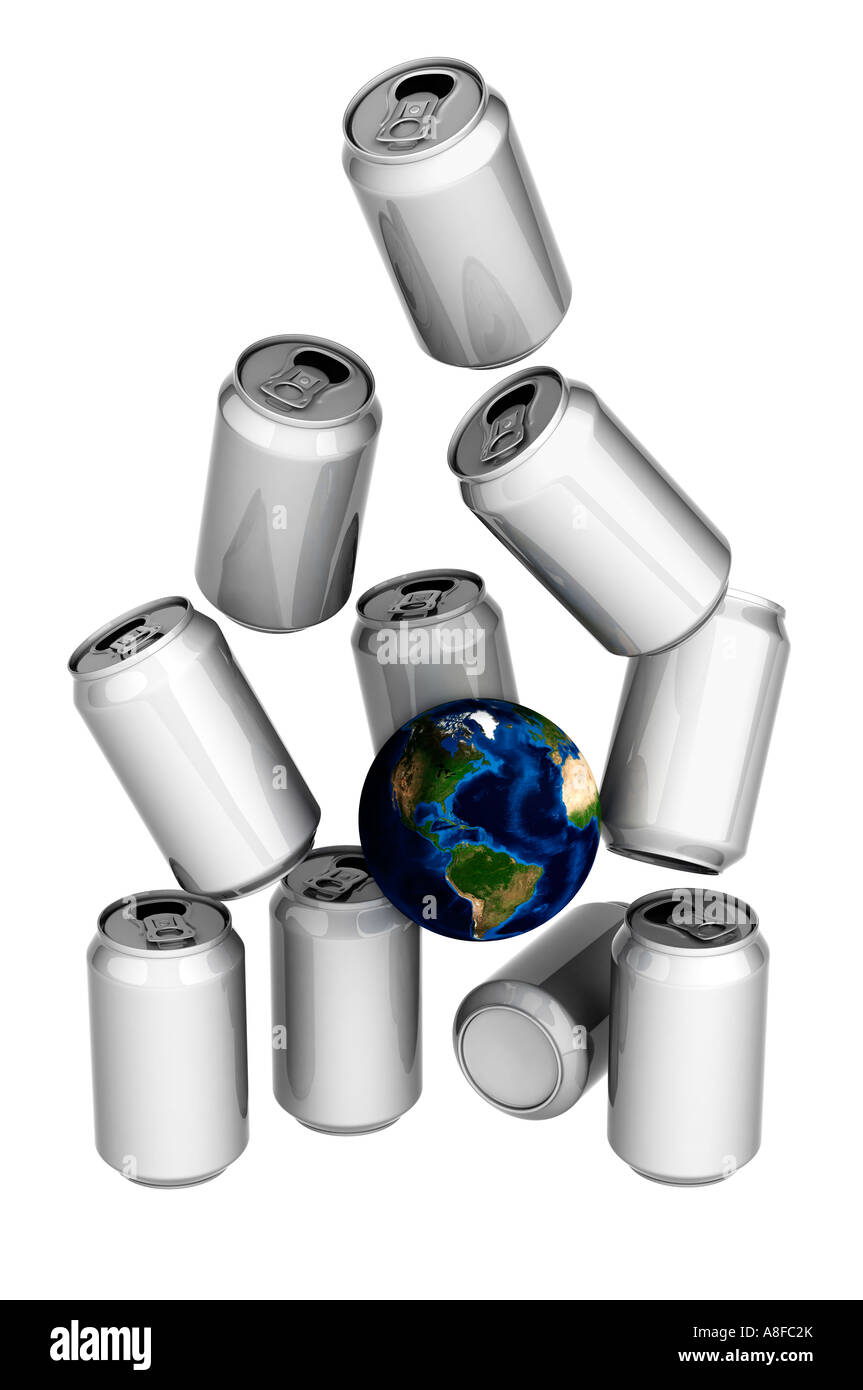 Ball der Erde schlagen die umstürzenden Blechdosen Recycling Konzept Stockfoto