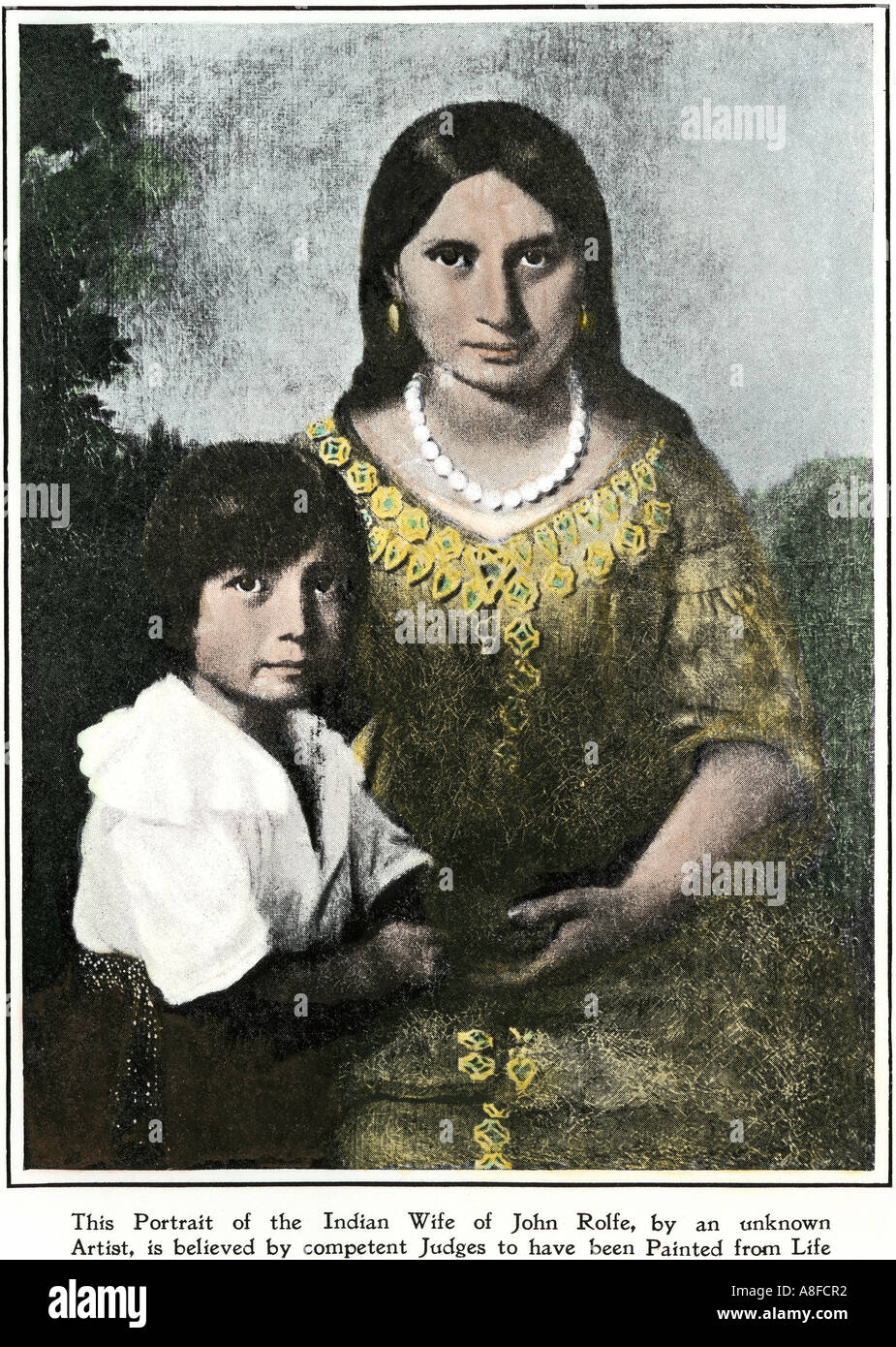 Pocahontas die Powhatan indischen Prinzessin und Ehefrau von Virginia kolonist John Rolfe mit ihrem Sohn. Handcolorierte halftone einer Abbildung Stockfoto