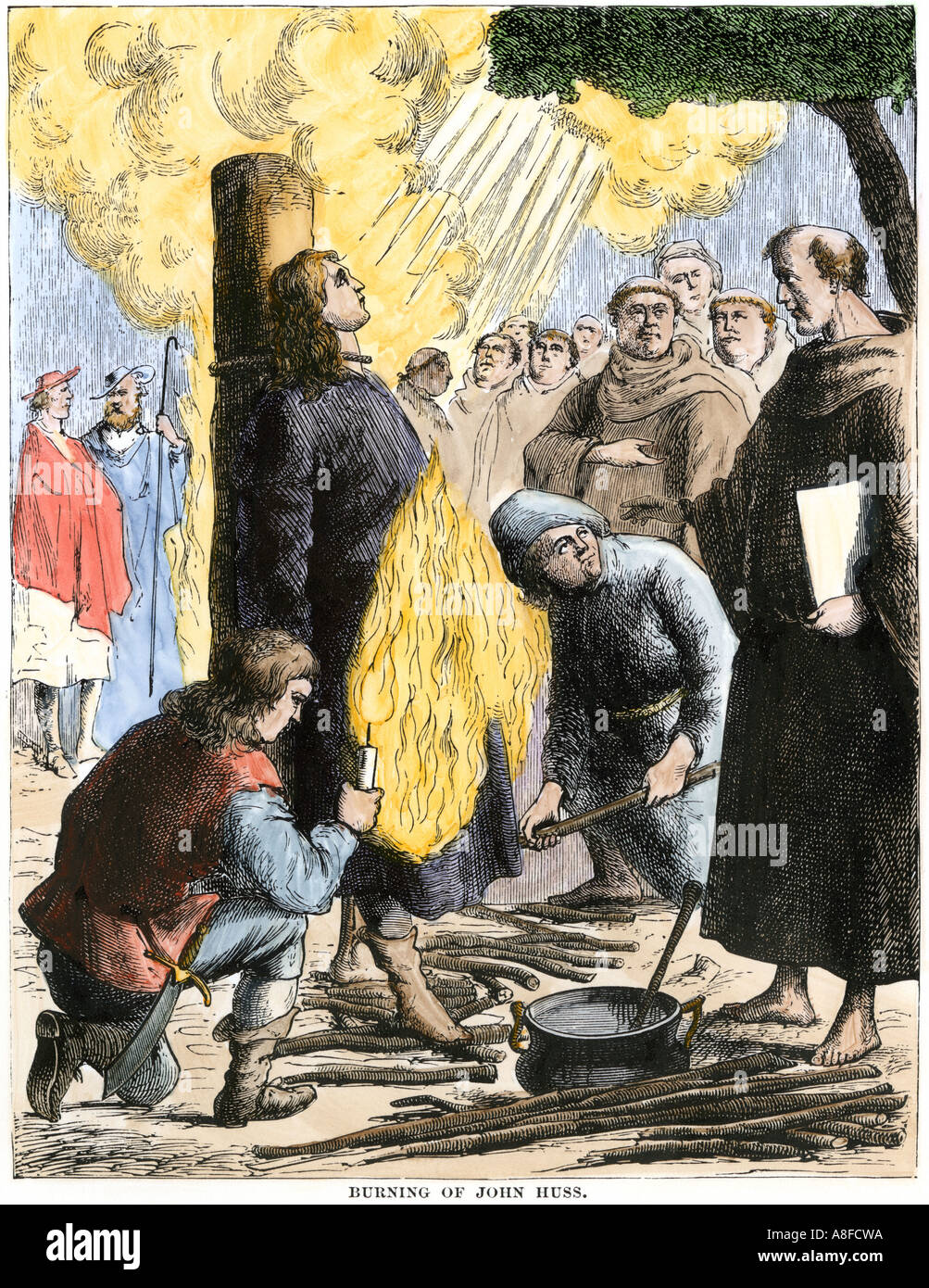 Religiöse Reformator Jan Hus auf dem Scheiterhaufen verbrannt, die von der römisch-katholischen Kirche 1415. Hand - farbige Holzschnitt Stockfoto