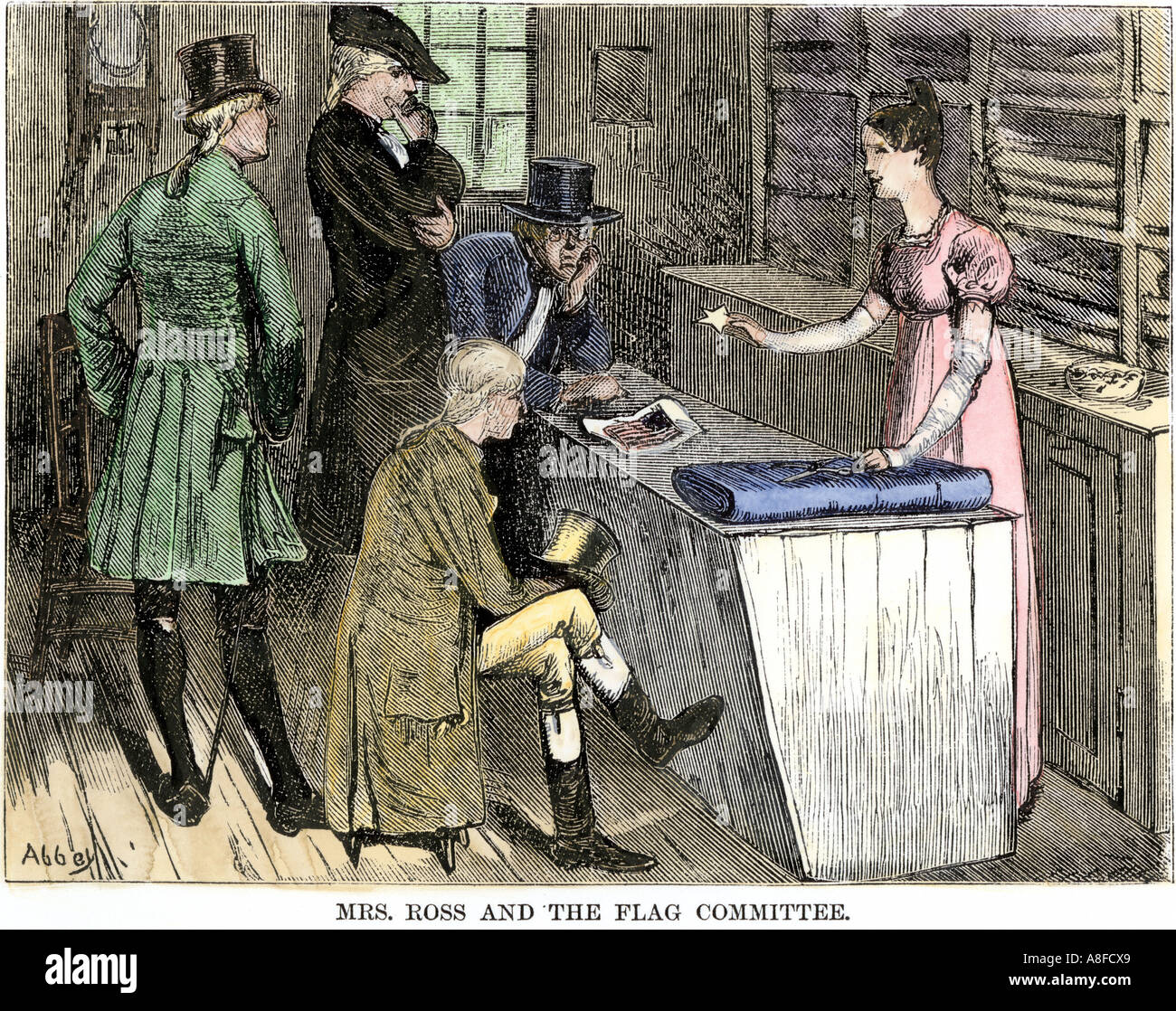 Betsy Ross Treffen mit dem Ausschuss über die Auslegung des ersten Vereinigten Flaggenstaaten. Hand - farbige Holzschnitt Stockfoto