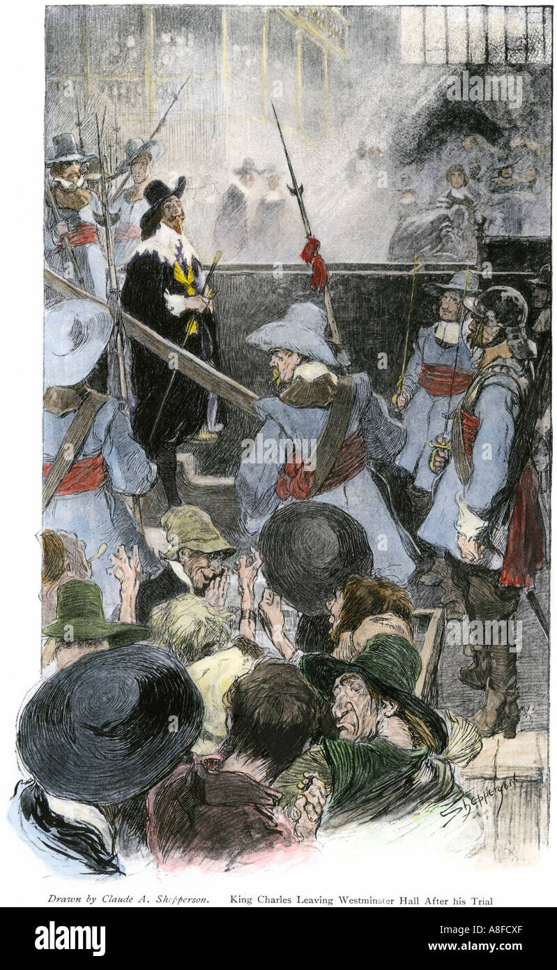König Karl I Westminster verlassen nach seinem Satz als Feind der Nation 1649 ausgeführt werden. Handcolorierte halftone einer Abbildung Stockfoto
