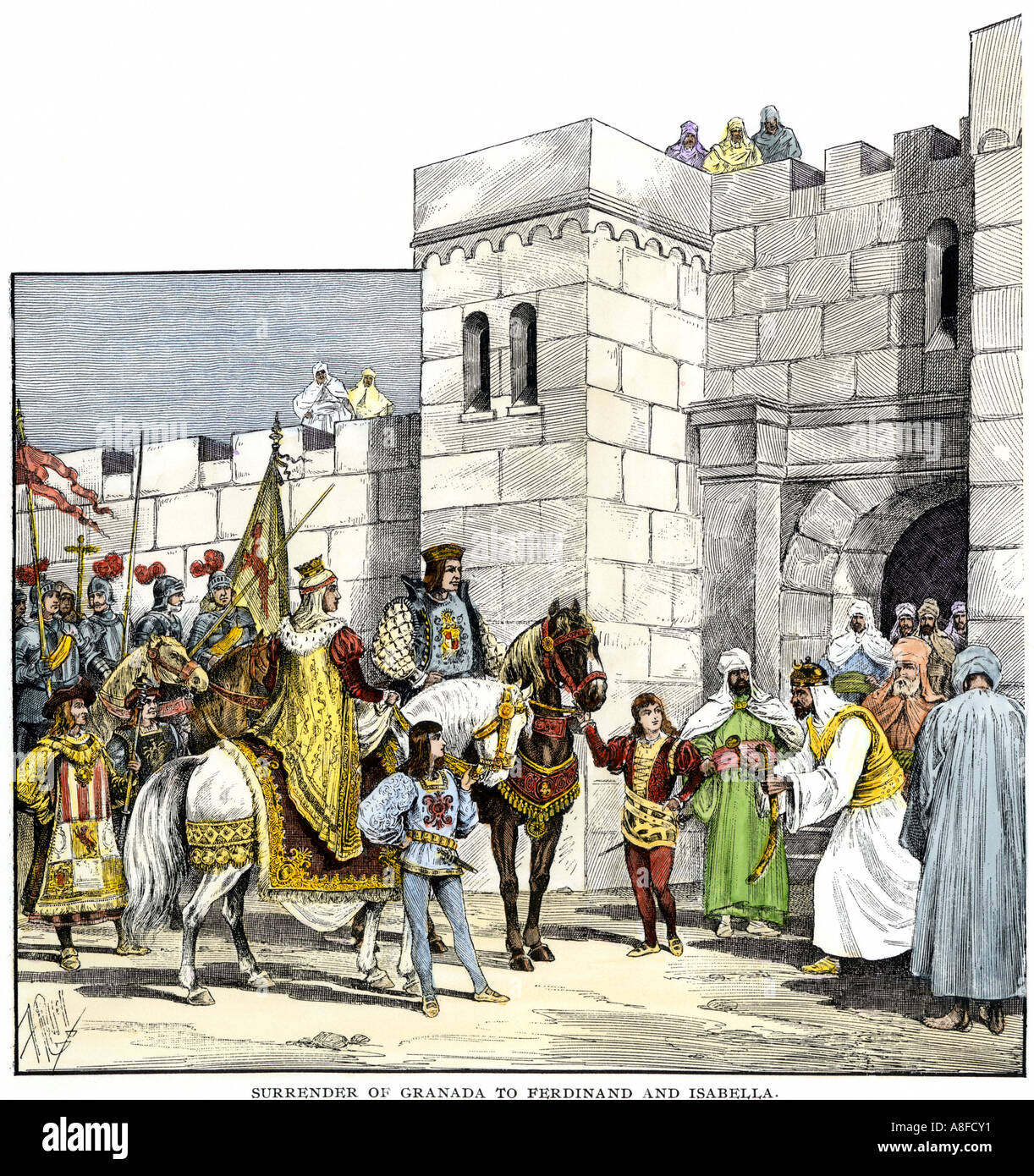 Der Mauren in Granada zu Isabella und Ferdinand 1492 übergeben. Hand - farbige Holzschnitt Stockfoto