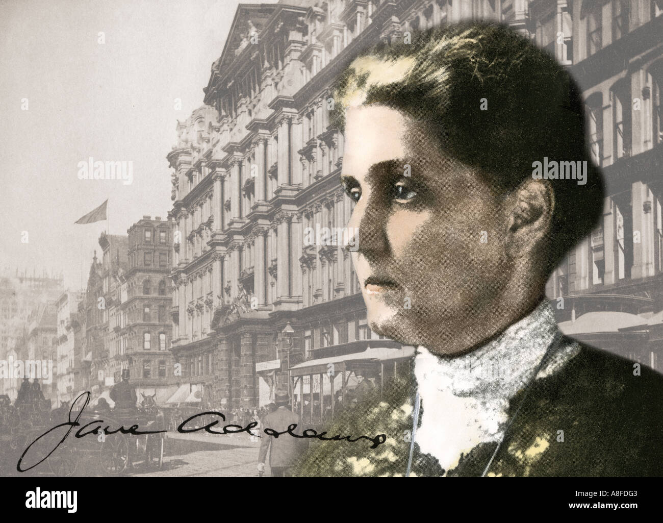 Sozialreformer Jane Addams vor dem Hintergrund Foto von Downtown Chicago in den 1890er Jahren. Handcolorierte halftone mit einem antiken Foto kombiniert Stockfoto