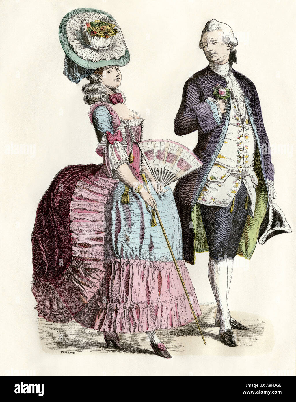 Modische französischen Paar 1780. Hand-farbig drucken Stockfoto